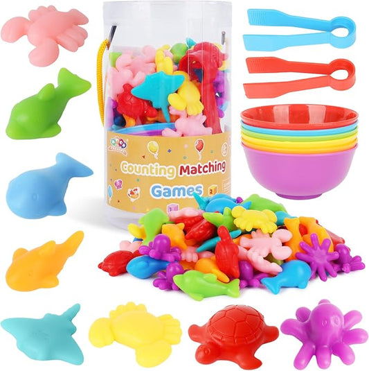 AMOR PRESENT 56 Couting Animals, 6 Sorting Bowls, 2 Tweezers, Storage Tube | Ocean Animals, Color Sorting Toys, Matching Game, Montessori Learning, for Toddlers, Fine Motor Skills