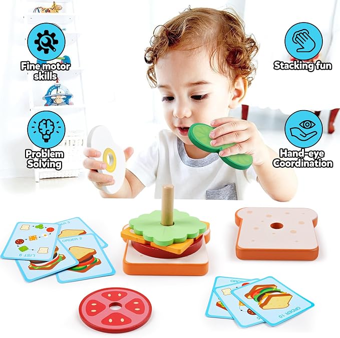 Wooden Sandwich Sorting Stacking Toys Play Food Set for Toddlers Preschool Educational Montessori Toys Fine Motor Toy for Kids Boys Girls