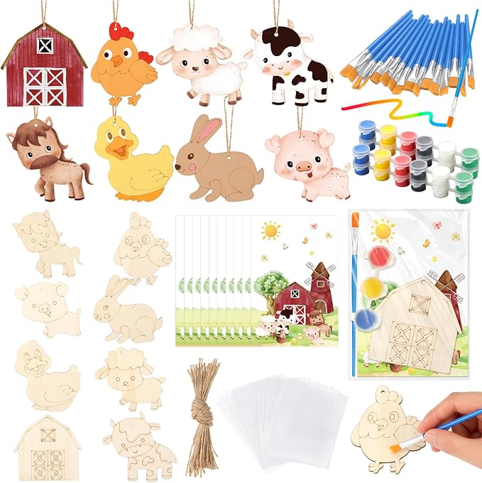 24 Pcs Farm Animals Party Favors Wooden Paint Craft Kits | Farm Theme Birthday DIY Activity, Animal Shapes with Barn,Organza Bags for Goodie Bag Fillers