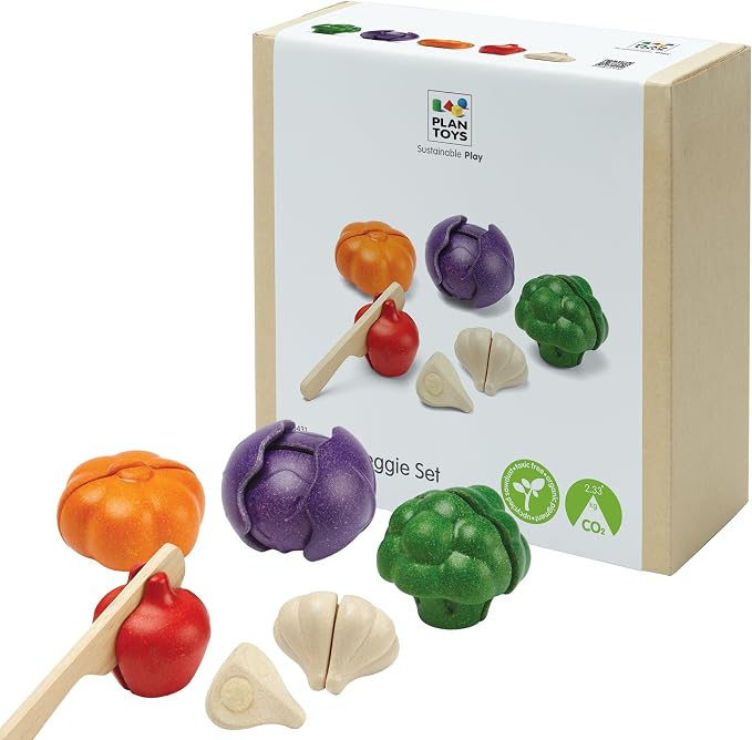 PlanToys 5 Wooden, Colorful Vegetable (Veggie) Food Playset (3431) | Sustainably Made from Rubberwood and Non-Toxic Paints and Dyes. | broccoli, pepper, pumpkin, garlic, cabbage, kids kitchen playset, girls, boys, fine motor imaginative role play gift set