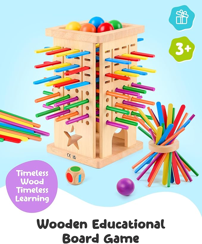 Montessori Wooden Board Game for Kids 3–8 Fine Motor Skills Toy Learning | 21 sticks & 21 strips, 2 play modes, cognitive growth & color matching — CPC-certified rubberwood, safe gift boys girls 3–8