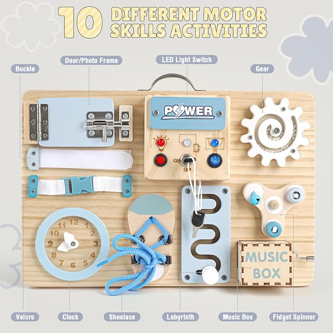 Joyreal Wooden Busy Board for Toddlers, 10-in-1 Montessori Sensory Toys with Music Box, Activity Learning Board with Door Hidden Mirror, Educational Travel Toy for 1 2 3 Year Old Boys Girls