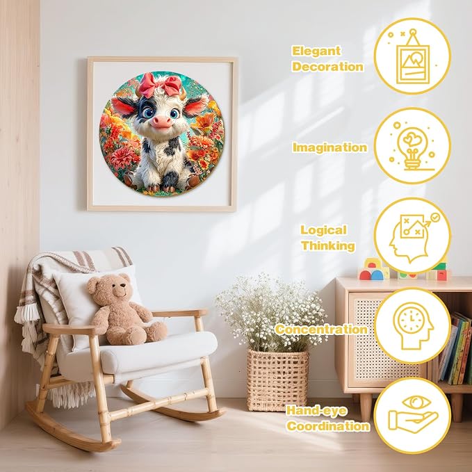 Farm Animals Wooden Puzzles for Kids - Bloomy Cute Cow | 50 Piece Puzzles for Kids Ages 6-8, Kids Puzzles with Unique Animal Shapes, Round Gift for Girls and Boys (11.4 * 11.4 in)