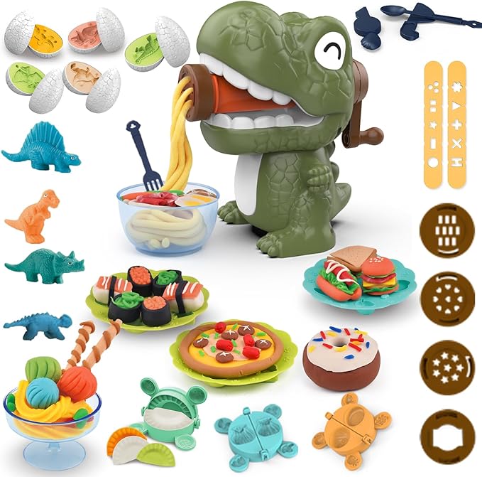 Dinosaur Dough Play Set Dino Noodle Maker & Egg Molds Kit for Kids Ages 3-8 | Non-Toxic Modeling Clay, Burr-Free Dinosaur Molds, Fine Motor Sensory Craft Toy, Perfect Birthday Easter Gift for Boys Girls