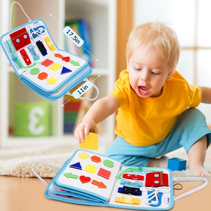 Esjay Busy Board Montessori Toys for Boys Girls, Sensory Book Educational Activities for Learning Fine Motor Skills, Birthday Gifts, Travel Toys for Airplane Car, White Multi