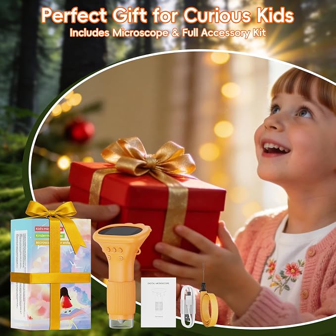 SEEKID Digital Microscope for Kids 200-1000X, Science Kit Gift(Yellow) | Handheld STEM Toy with 2" IPS Screen, 4K Camera Video Record for Girls Boys Child Birthday Gifts
