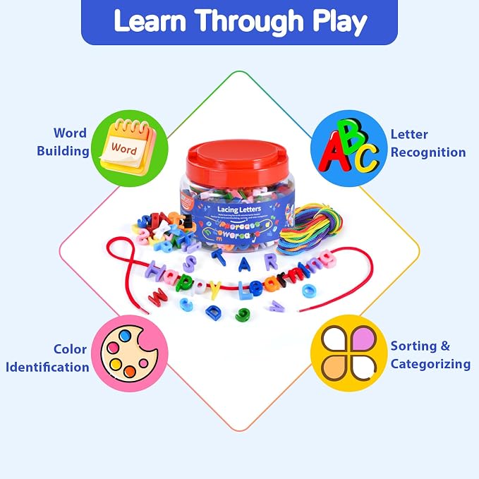 278 Pcs Lacing Letters Beads, 10 Color Alphabet Letter Beads Learning Toys with 18 Laces, Uppercase ABC Bead Letters Toys for Kids Ages 3+, Home Manipulatives for Preschoolers, Back to School Supplies