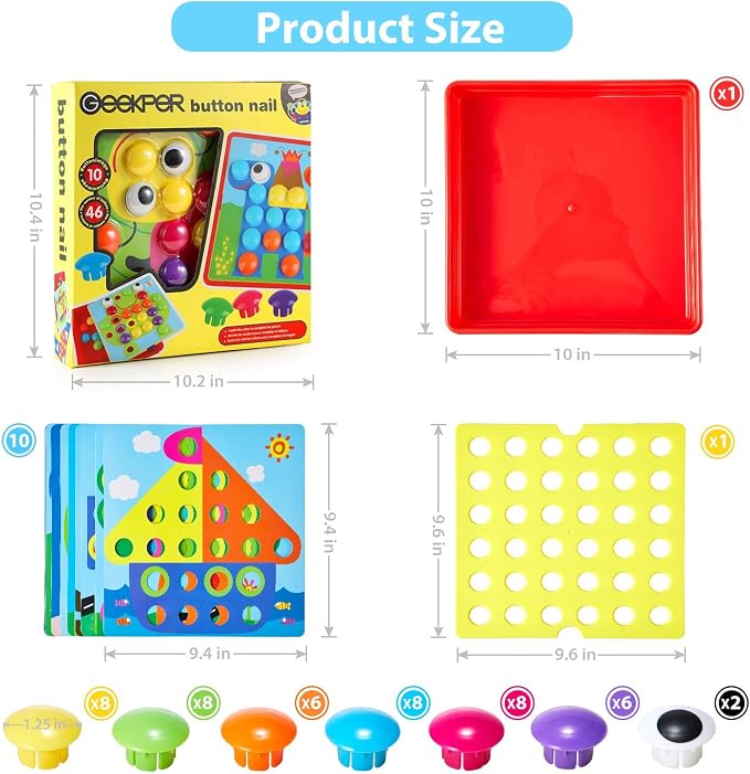 Geekper 68PCS Button Art Toys for Toddlers Color Matching Mosaic Pegboard | Early Learning Educational Toys for 3, 4, 5, 6 Year Old Kids Boys and Girls Easter Gifts, 10 Pictures and 58 Buttons