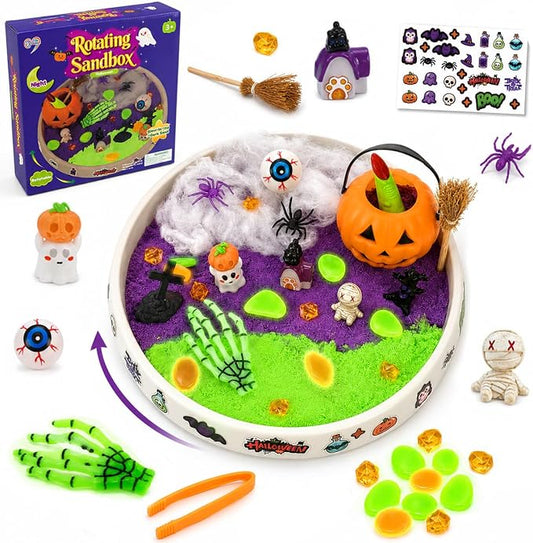 Halloween Sensory Bin Rotating Sandbox with Glow Sand Kit for Kids | Sensory Play Set with Glow-in-the-Dark Sand and Halloween Figures, gift for for boys and girls ages 3-8