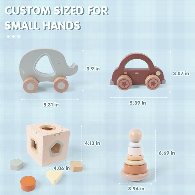 FReniland Wooden Baby Toy Set for 12M+, Montessori Grasping & Stacking Toys, Elephant & Car Sensory Toys, Natural Wood Fine Motor Skill Development Gift for Boys & Girls