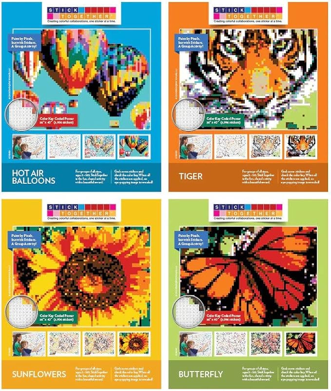 4 Pack Bundle Mosaic Sticker Art for Kids and Adults Includes Hot Air Balloon, Tiger, Butterfly and Sunflowers Posters, Large Sticker by Number/Letter Posters 36" x 40" with 3,996 Stickers