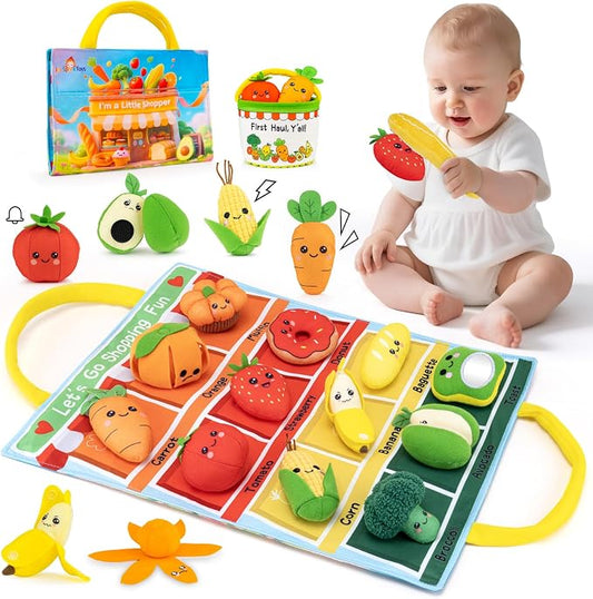 Montessori Sensory Toy for 1 Year Old, Fruit Vegetable Learning Sensory Toy | Color Sorting Play Food Set with Crinkle & Rattle, Fine Motor Skills Toy, Gift for 1 2 3 Year Old Boys & Girls
