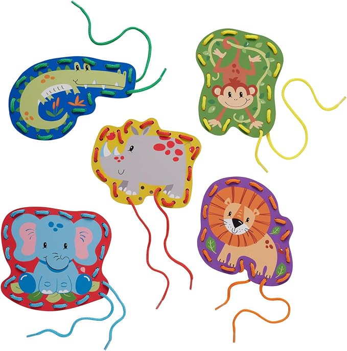 Serabeena Lacing Cards for Kids Ages 3-5 - Safari Animals | 5 Cards | Screen-Free Safari Lacing Cards Ages 3-5 - 5 Animals, 5 Laces & Storage Box - Hand-Eye Coordination Toy