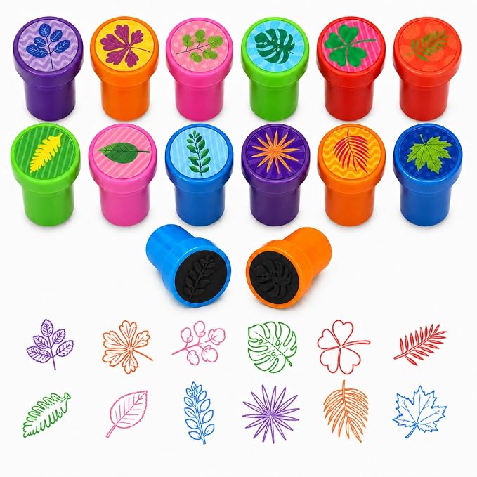 Cinrobiye 24 Pcs Nature Leaf Stampers for Kids, Pre-Inked Leaf Party Favor Set, Forest Theme Birthday Party Supplies, Classroom Rewards, Goody Bag Fillers, Piñata Fillers, Treasure Box Toys