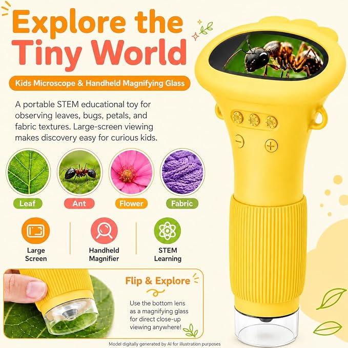 1000X Kids Microscope Handheld Camera, 2'' Screen Wonder Quest Microscope Camera for Kids, Educational Magnifying Glass Toy, Christmas Birthday Gifts for Age 3 4 5 6 7 8 9 10 11 12 Girls Boys - Yellow
