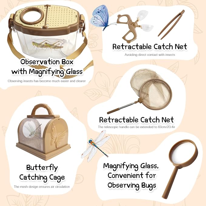 Bug Catcher for Kids Explorer Kit Kids Bug Catching Kit, Bug Catcher Kit for Kid with Binoculars, Magnifying Glass, Butterfly Kit for Aged 3+ (Brown)
