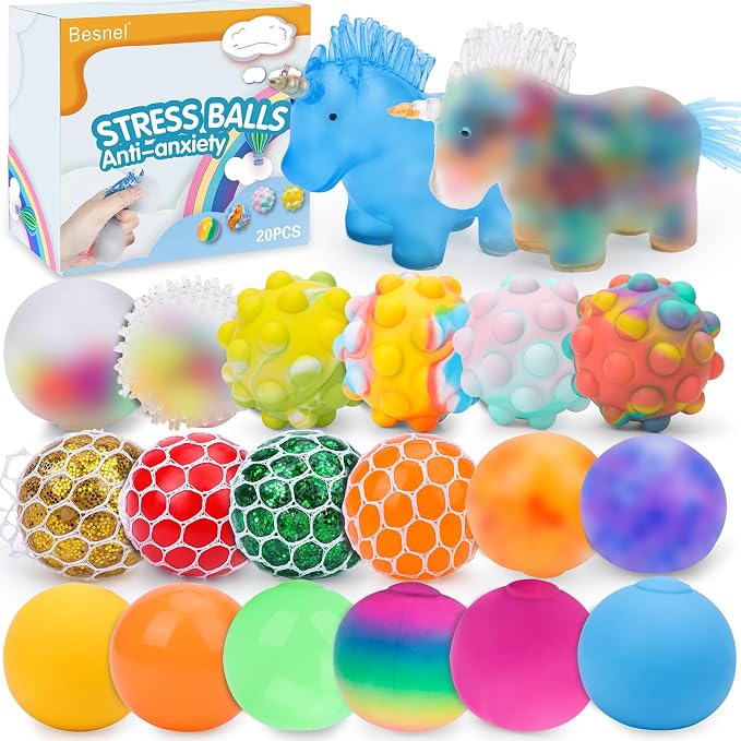 20Pack Stress Balls, Squishy Balls, Squeeze Balls for Adults | Stress Relief Balls, Prize Box Stuffers, Party Favors