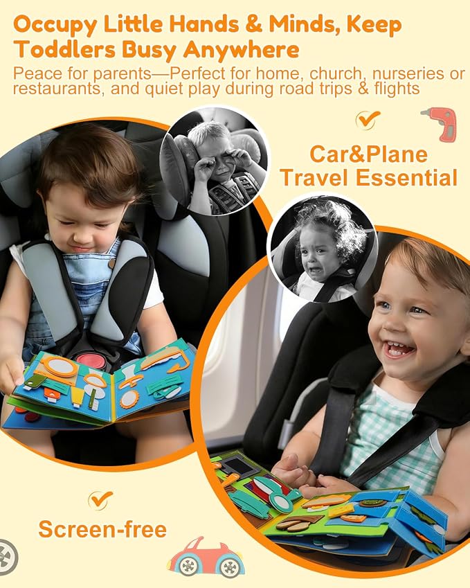 Busy Book for Toddlers 1-3, Montessori Busy Board for 1 Year Old | Felt Activity Books for 1+ year old, Airplane Car Travel Toy, Quiet Books, Kids Ages 2-4 Preschool Educational Learning Gifts