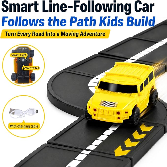 70 Piece Magnetic Road Tiles Expansion Set,Includes Sensor-Guided Car that Follows Road Lines + Traffic Signs,Compatible with Most Major Magnetic Tile,STEM Building Toy for Kids Ages 4–12