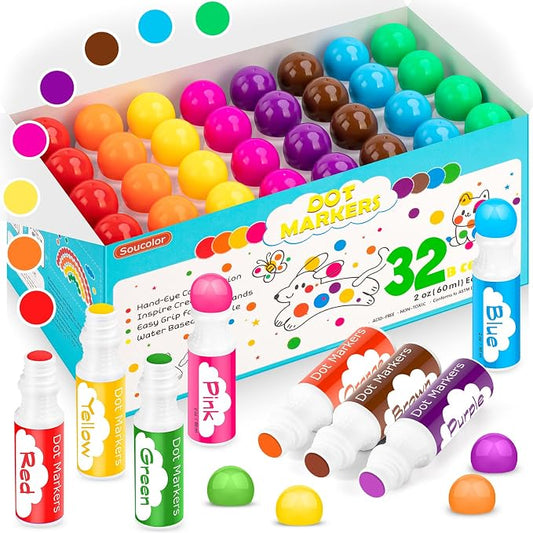 Soucolor 32-Pack Washable Dot Markers for Kids & Toddlers 8 Vibrant Colors | Bingo Daubers,Preschool ,Non-Toxic, Arts & Craftsart for Kids, Classroom Supplies, Paint Dabbers for Endless Creative Fun
