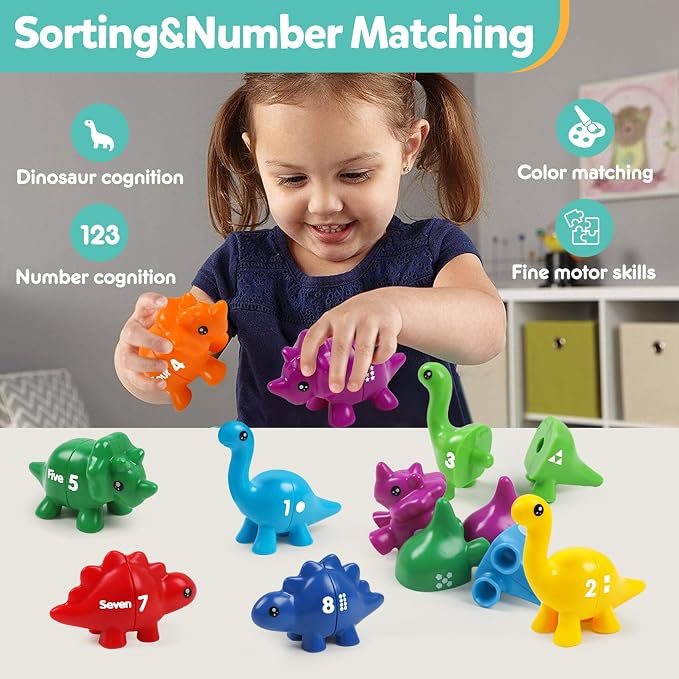 TSYAN Matching Number Counting Dinosaur Toys with Double-Sided 1 2 3 Number Preschool Learning Sensory Sorting Educational Fine Motor Toys Sets for Kids