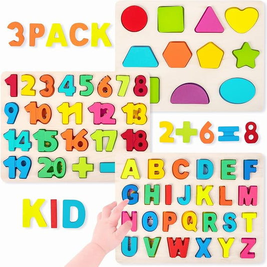 Attmu Alphabet Wooden Puzzles for Toddlers 3 Pcs ABC Shape Number Puzzle | Learning Toys for Kids, Preschool Educational Activities Toddler Gift Toys for Girls Boys Christmas Valentines Easter