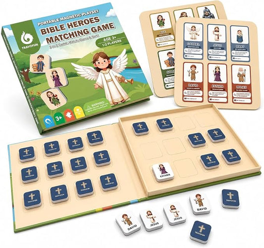 Travofun Magnetic Bible Matching Game, Memory & Clue Cards, Ages 4-8 | Magnetic memory matching with Bible character clue cards for church, Sunday school, family learning and travel.