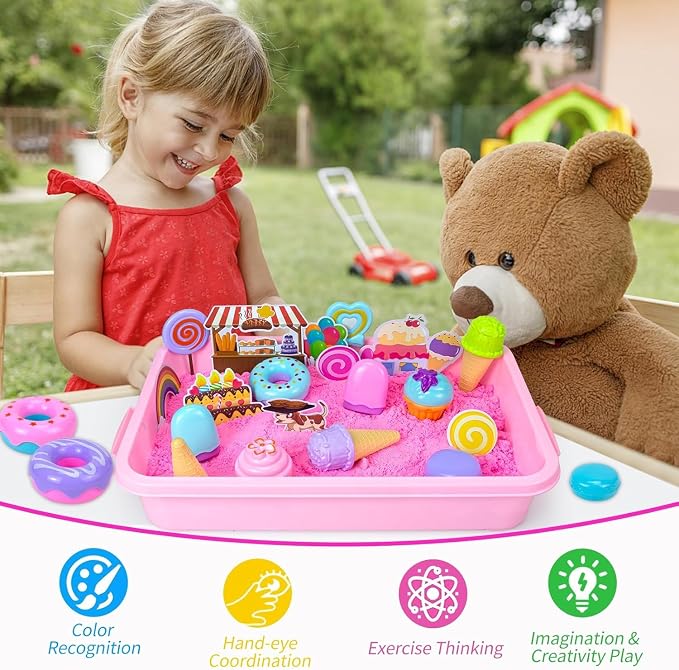 Hymaz Play Sand Kit for Girls, Ice Cream Sensory Bin Sandbox | Creative Bake Shop with 2.2lbs Magic Sand, Ice Cream & Cake Models, Cleaning Tools, Pretend Beach Cake Stand Toys Gift