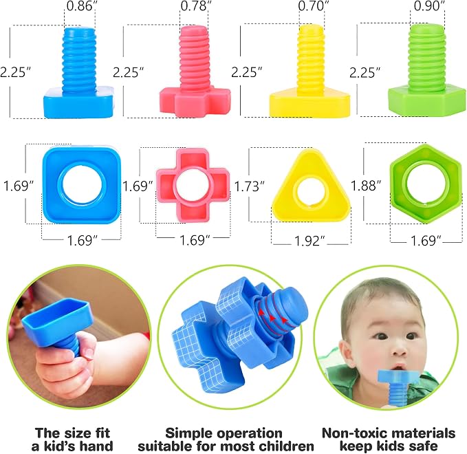 TOMYOU 32 pcs Shapes Nuts and Bolts Stacking Toys - STEM Color Sorting Learning Games - Montessori Building Kids Matching Game for Preschoolers - Construction Fine Motor Skills for Kids