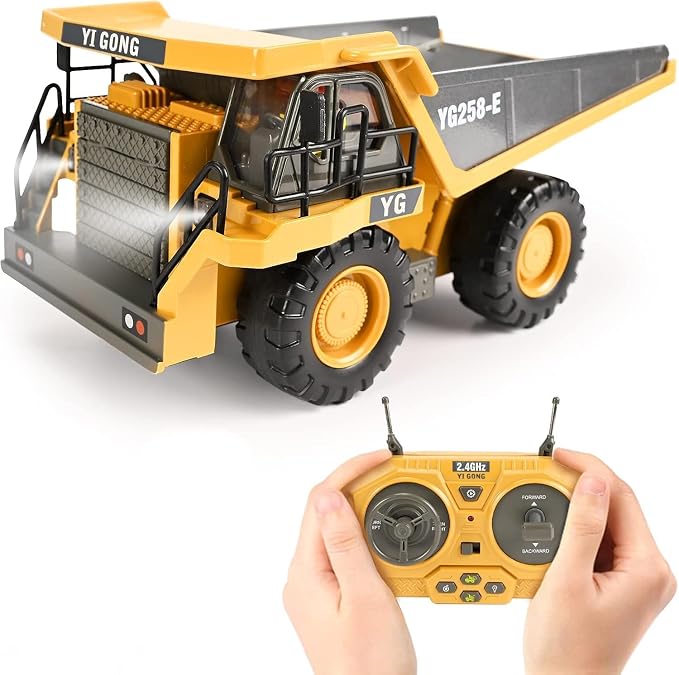 KidsFaves RC Dump Truck, 9CH Remote Control Dump Truck with Metal Dump Bed, 45° Lifting & 360° Rotation, 2 Batteries, Lights & Sounds, Construction Toy for Boys Age 3+