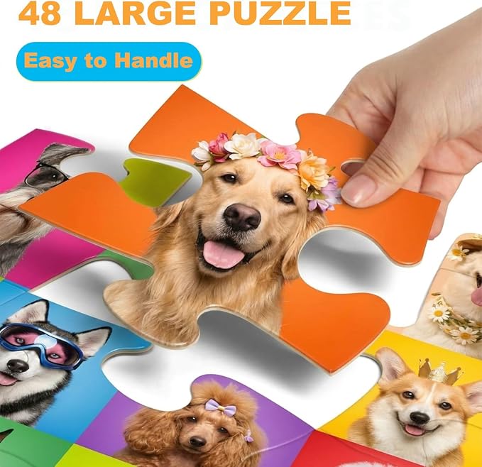 Jumbo Floor Puzzles for Kids Ages 3-5, 48 Piece Large Funny Dog Jigsaw Puzzles, Learning Educational Toys for Toddlers Ages 4-6 Preschool Educational Toys Gifts for Boys and Girls