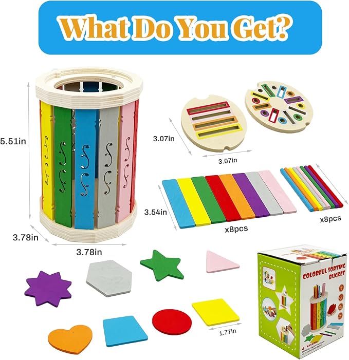 Montessori Wooden Stick Color Sorting Toys for 18+ Month, Dual Play Educational Preschool Learning Fine Motor Skills Sensory Toys for Toddlers 3-5 Year Girl Boy Birthday Gifts (Rainbow Bucket)