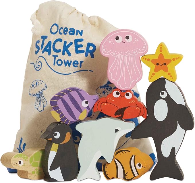 Le Toy Van Under the Sea Ocean Animals Stacking Toy and Bag | Sustainable Wooden Balancing Toy, Sea Animal Characters for Toddlers, Suitable for 18 Months and Up