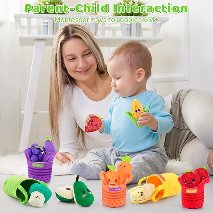 Baby Toys 6-12 Months, My First Fruits & Vegetables Sensory Toys with Rattle Crinkle Sounds Color Sorting Play 15 PCS, Montessori Toys for 1 Year Old, Toddler Stocking Stuffers Baby Boy Girl Gifts
