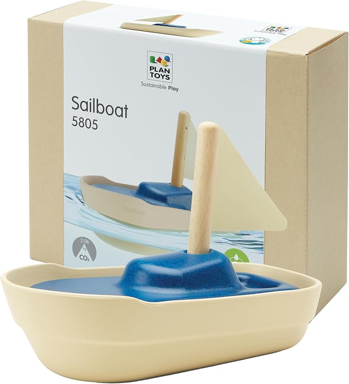 PlanToys® Sailboat Wooden Bath Toy, Eco-Friendly Floating Boat for Kids | wooden sailboat, floating bath toy, fine motor skill, imaginative play, water play, bathtub pool fun, birthday gift, kids tod