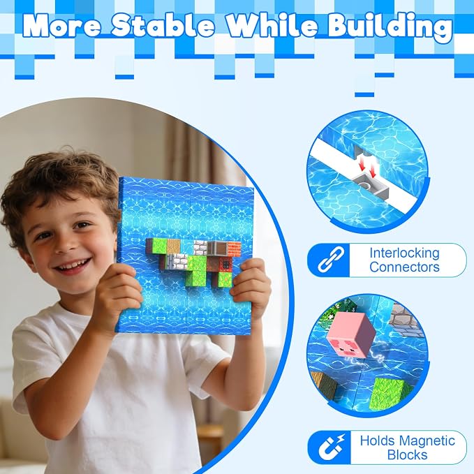 4PCS 4" x 4" Magnetic Building Block Base Plates for Kids, Strong Grip Magnetic blocks Base Compatible with Most Popular Magnetic Blocks & Cubes, STEM Educational Toys for Boys Girls Ages 3+ (Water）
