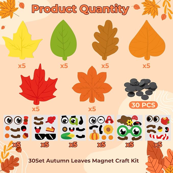 Haooryx Fall DIY Magnet Craft - 30 Set Autumn Maple Leaves DIY Fall Leaf Magnet Stickers Art Craft Kit Supplies for Kids School Activities Supplies Home Refrigerator Class Blackboard Whiteboard Decor