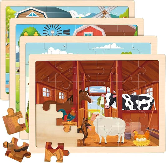 4-Pack Wooden Puzzles for Kids Ages 3-5, 24-Piece Farm Animal Set | Toddler Puzzles Ages 3-5, Preschool Puzzles with Wooden Jigsaw Boards for Fine Motor Skills, Shape Recognition and Travel