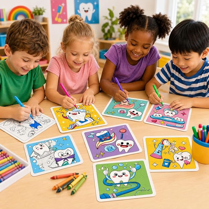 Cinrobiye 24 Pack Dental Coloring Activity Coloring Puzzle Set,Tooth Fairy Lost Tooth Puzzle Games with 12 Designs, Classroom Rewards, School Event Prizes, Dental Party Favors