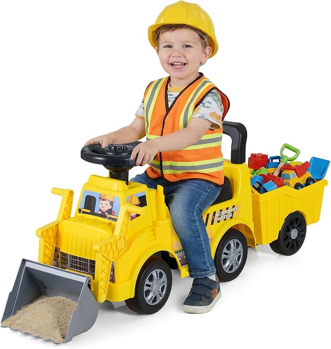 HONEY JOY Ride On Tractor with Trailer, Kids Excavator Bulldozer with Shovel, Seat Storage, Engine Sound, Music, Manual Control Bucket, Ride On Construction Vehicle for Toddlers Boys Girls, Yellow