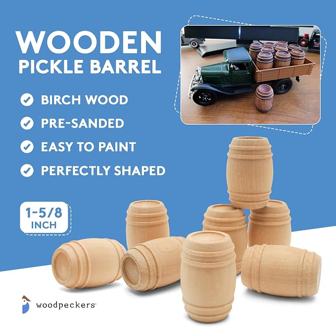 Wooden Pickle Barrel 1-5/8 Inch, Pack of 10, Small Unfinished Cargo Drums, Perfect for Miniatures, Scale Models, Mini Train Making or Woodworking Craft Projects, by Woodpeckers