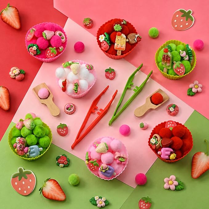 155 Pcs Strawberry Sensory Bin Filler Summer Counting Sorting Sensory Bin Items Fine Motor Counts for Summer Strawberry Sorting Counting