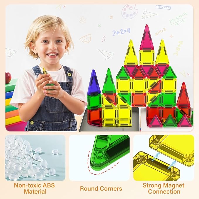46PCS Mini Magnetic Tiles, Magnetic Tiles Travel Set with Case, STEM Educational Building Set Construction Toys for Kids Ages 3+, Portable Building Toys for Toddlers, Boys & Girls Birthday Gift