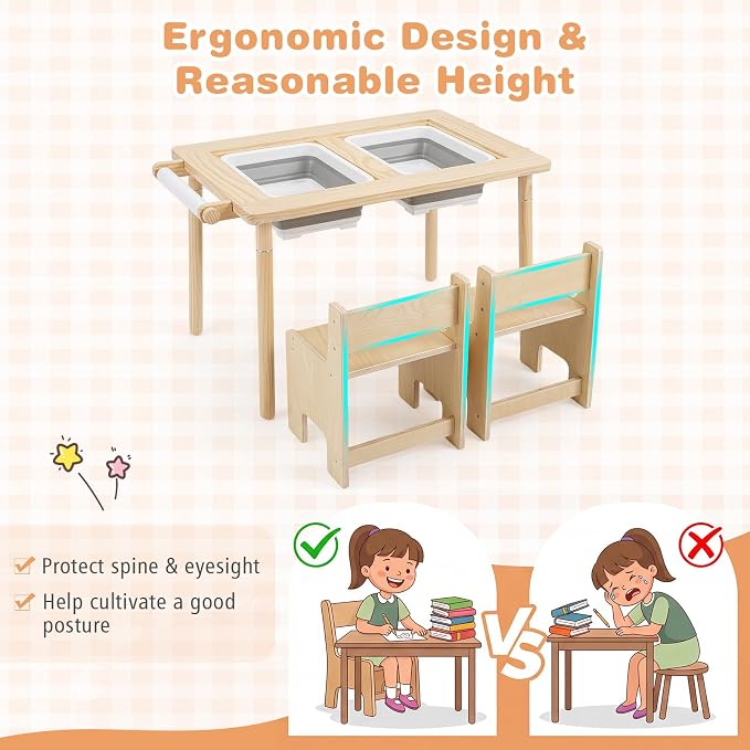 HONEY JOY Sensory Table and Chair Set, Wooden Sand & Water Activity Set w/Adjustable Height, Dual Sided Top, 2 Bins, Paper Roll & 2 Hooks for Art, Study, Craft, Gift for Boys Girls 3+