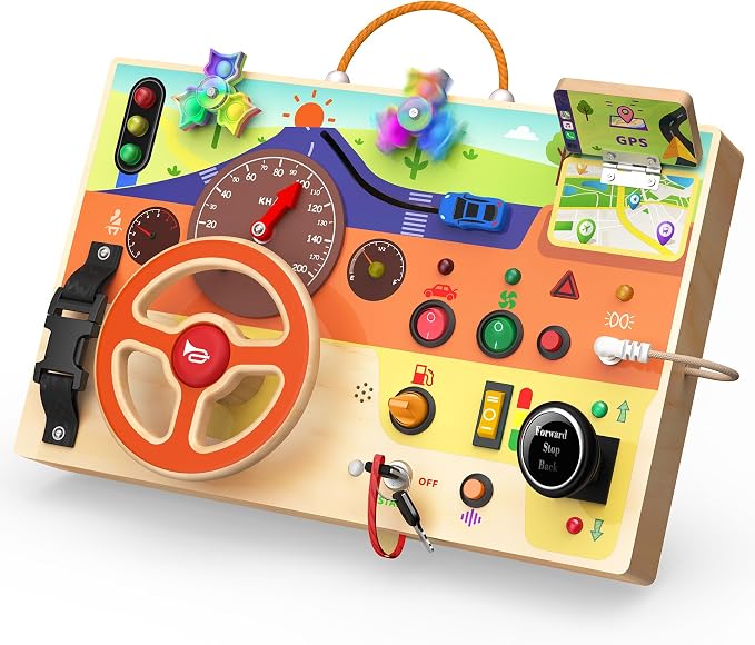 flycoost Busy Board Montessori Toys for Toddlers 1-3 with Steering Wheel | Wooden Lights Driving Activity Board Sensory Montessori Busy Board for 1+ Year Old, Toddler Learning & Travel Toy