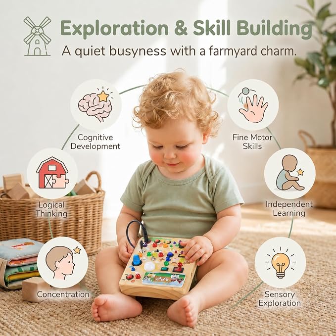 RichBoy Busy Boards, Lights Switch-Style, Wooden, 37-in-1, Medium | Toddlers Birthday Gifts, Montessori Toys, Autism Sensory, Fine Motor Skills, Educational Learning, Travel Essentials