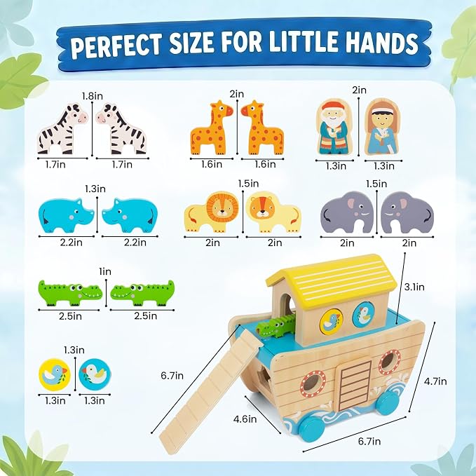 WOODENFUN Wooden Noah's Ark Toy for Toddlers, Baptism Christening Gift | Montessori Educational Toy, Animal Shape Sorter, Christian Toys, Birthday Gift for Boys Girls 3 Years Old