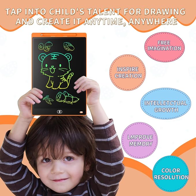 Genialba LCD Writing Board 10 Inches, Colourful Electronic Tablet, Portable Erasable Drawing Board, Graphic Tablet for Children's Games 3 4 5 6 7 Year Old Kid Boys Girls (Orange)