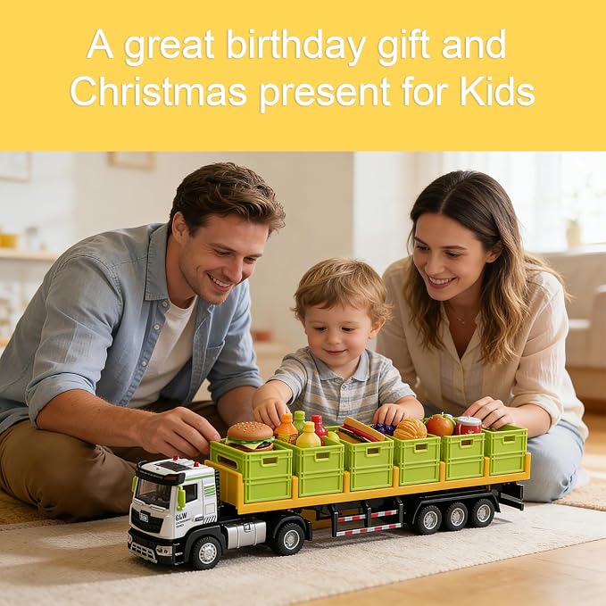 Food Transport Truck Toy for Age 3-8 Kids – Alloy Vehicles Head 1:40 Goods Trailer with Cargo Box and Food Model, Lights & Sounds (Large Transport Truck Green)