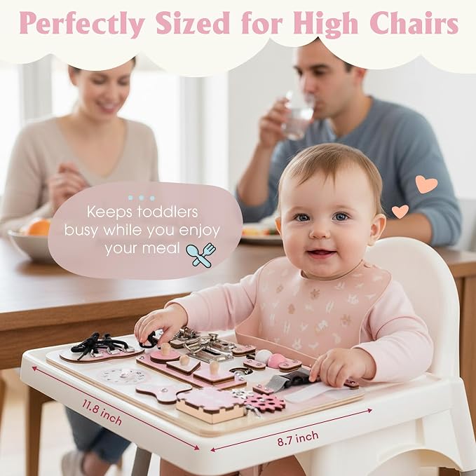 Montessori Busy Board for Baby & Toddlers 1-3 | Wooden Sensory Activity Board with 13 Activities, Real Metal Locks & Latches | Fine Motor Skills Educational Toy for 1 2 3 Year Old